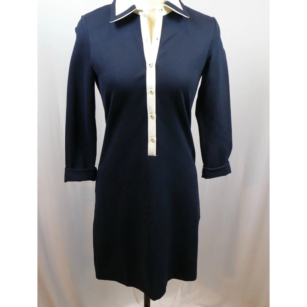 El Ganso Navy Blue Knit Polo Dress White Contrast Collar Long Sleeve Preppy